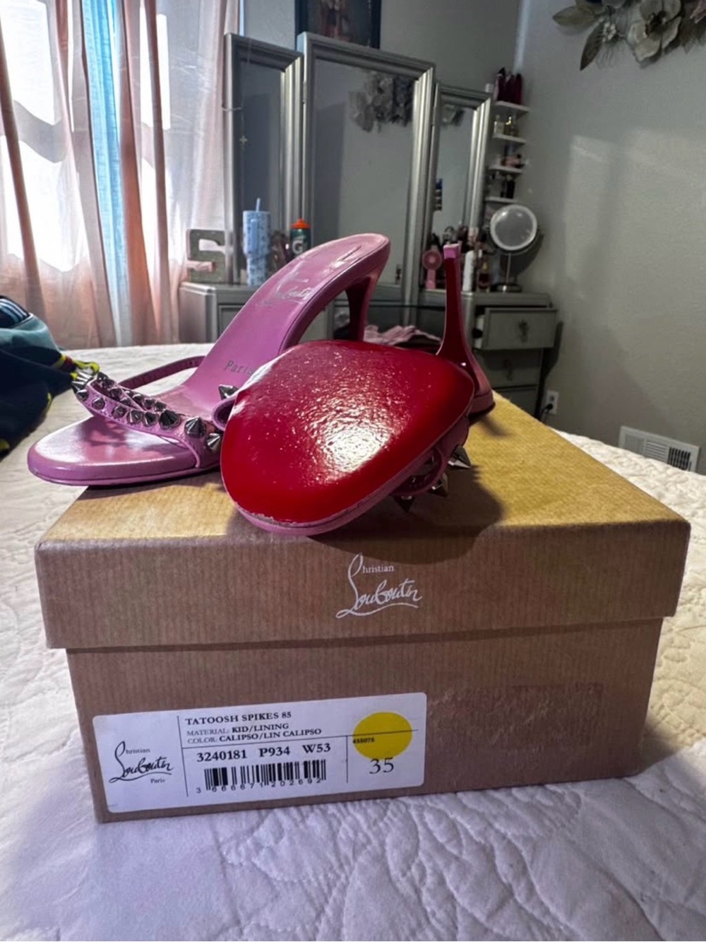 Christian Louboutin Pink Spike-Trimmed Patent-Heel Sandals